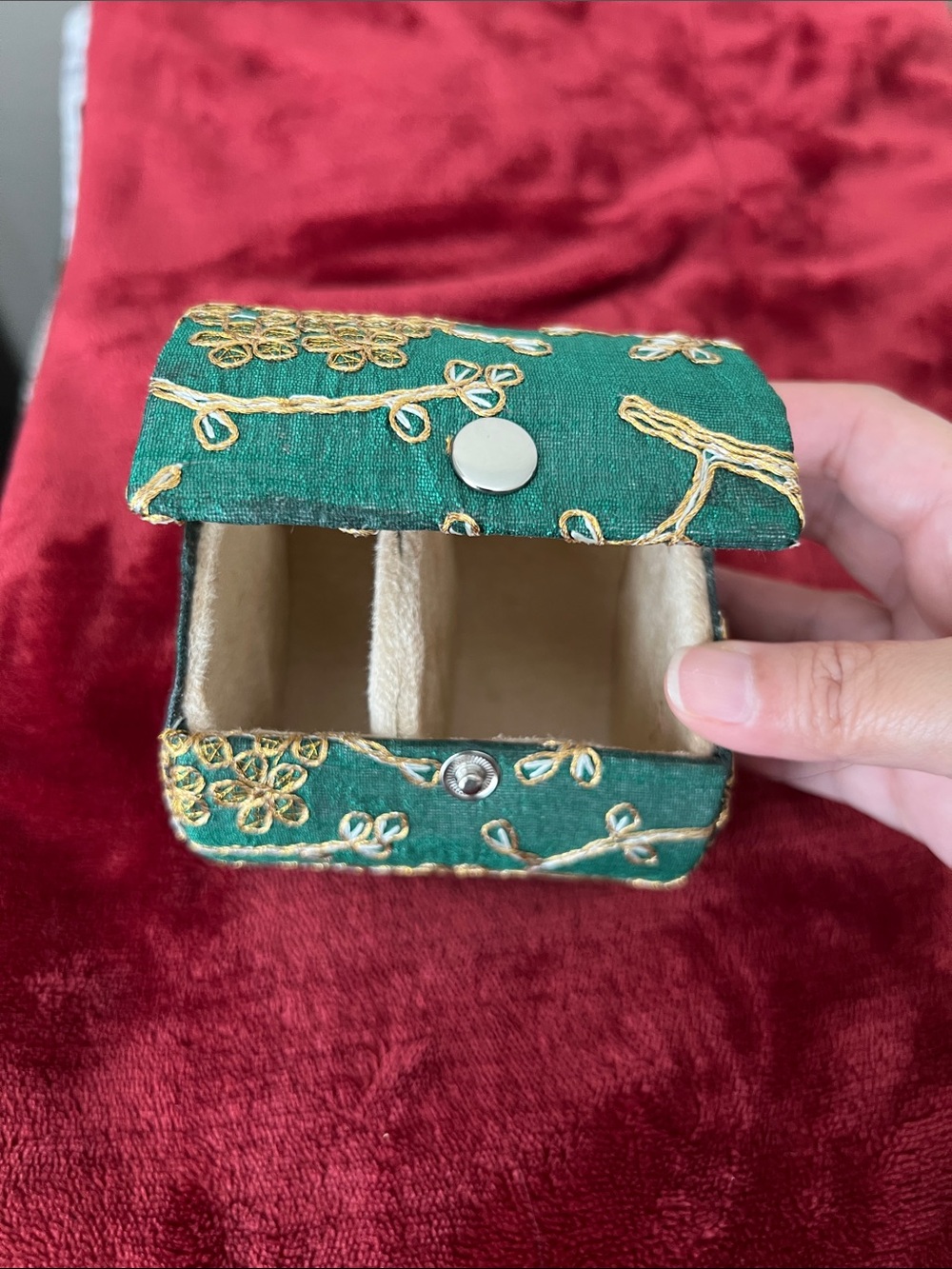 Embroidered Green Jewelry Box with Gold Floral Accents